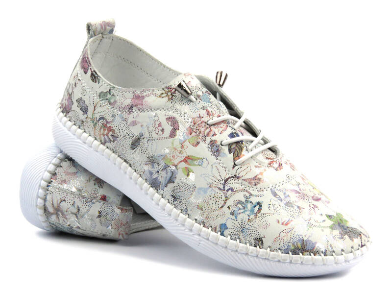 Bequeme Damenschuhe im sportlichen Stil - Helios 1305, weiße Blumen