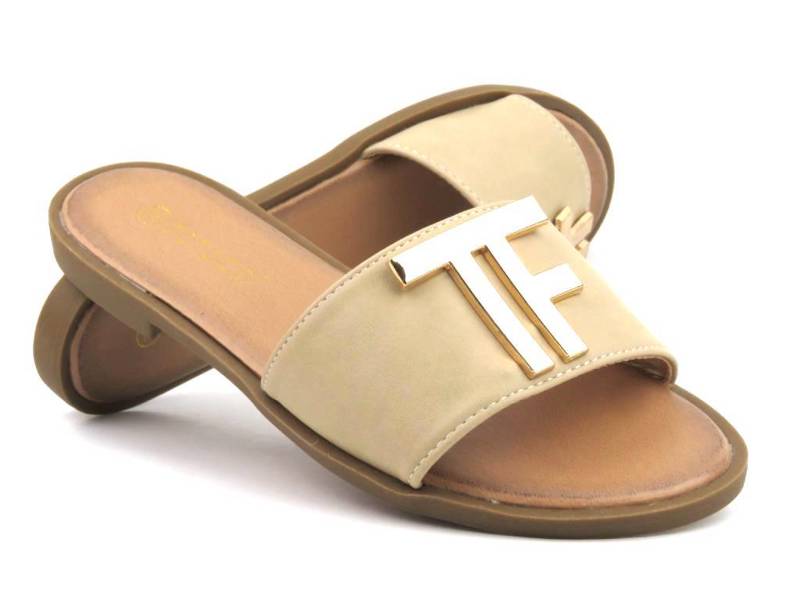 Damen-Flip-Flops mit Goldverzierung – Potocki 23-21043, beige