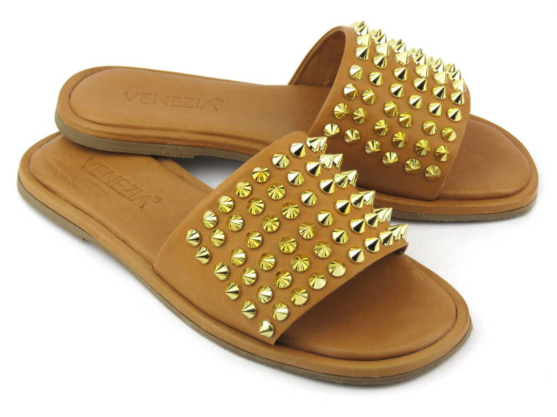 Damen-Flip-Flops mit goldenen Nieten – VENEZIA 35421875, braun
