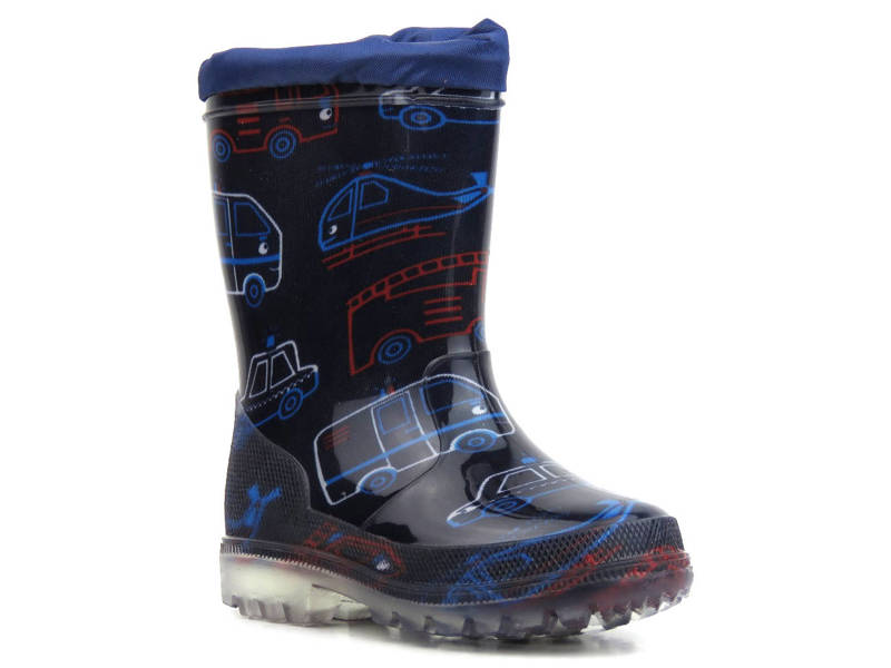 Hohe Kinder-Gummistiefel mit Fahrzeugmotiven – WOJTYŁKO 2204, Marineblau