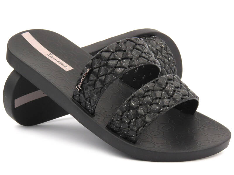 Bequeme Damen-Flip-Flops mit geflochtenen Riemen – Ipanema 83243, schwarzer Glitzer