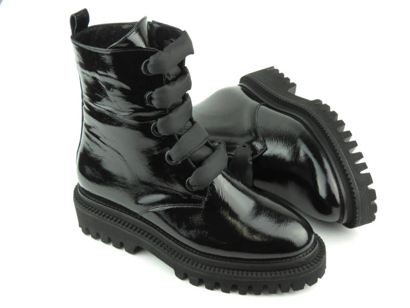 Damen-Arbeitsstiefel aus Lackleder mit Zierschnürung - VENEZIA 030KIS, schwarz