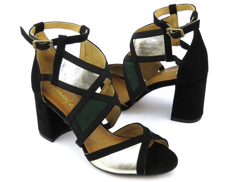 Elegante Damen-Sandalen mit hohen Absätzen – MACIEJKA 05181-09, Schwarz mit Grün und Gold