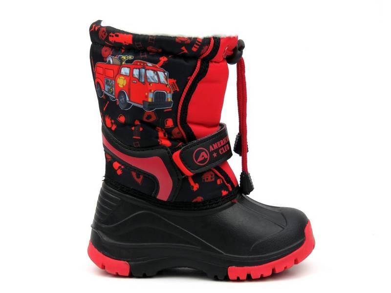 Warme Kinder-Schneestiefel AMERICAN CLUB CL 08/21, schwarz und rot mit Feuerwehrauto